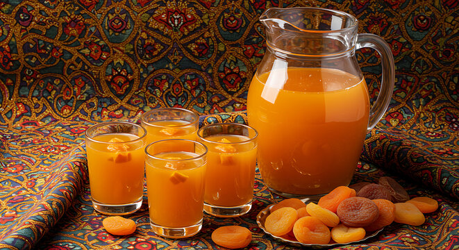 "A jug of Arabic qamar al-din, a traditional apricot-based drink, served in small clear glasses with dried apricot pieces on a patterned Middle Eastern cloth. Golden orange tones highlight the cultura