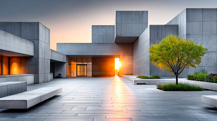 Brutalistische Architektur mit geometrischen Formen, Betonflächen und klaren Linien. Moderne Gebäude, Licht und Schatten, architektonische Details und urbanes Design. Perfekt für Kunst und Editorials.