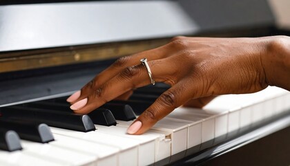 Fototapeta premium A hand plays piano keys, showcasing elegant, light-toned nails and a delicate ring on a dark brown hand.