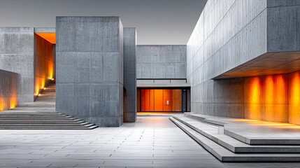Brutalistische Architektur mit geometrischen Formen, Betonflächen und klaren Linien. Moderne Gebäude, Licht und Schatten, architektonische Details und urbanes Design. Perfekt für Kunst und Editorials.