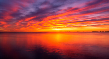 Orange, red, and purple sky with vibrant clouds at sunset over the sea