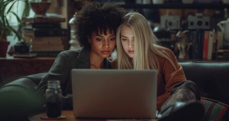 Opening laptop, two women leaning over coffee table with jar at home, scrolling research content - Powered by Adobe