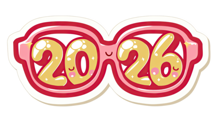 Adorable Pink Red 2026 Party Glasses Sticker with Smiling Faces
