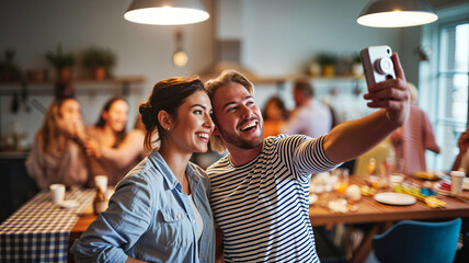 Young couple taking selfie at dinner party with friends in kitchen