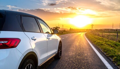 A white car on a winding road at sunset, bathed in golden light.