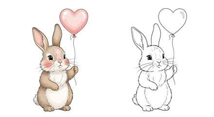 Bunny with Valentine Balloon Coloring Page Cute Animal Holiday Themed Activity Sheet