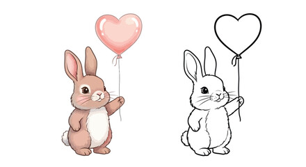 Cute Bunny with Valentine Balloon Coloring Page Black White Holiday Themed Illustration