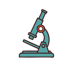 A simple flat design illustration of a teal colored laboratory microscope with a dark outline isolated on transparent background