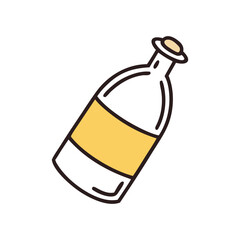 Stylized cartoon illustration of a white glass bottle with a yellow label and a cork stopper isolated on transparent background