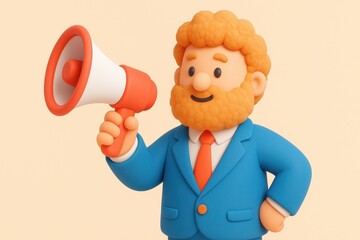 Professional businessman character with a beard holding a megaphone for making an important announcement or marketing communication