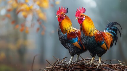 Fototapeta premium Two Roosters Standing Proudly in a Misty Autumn Forest