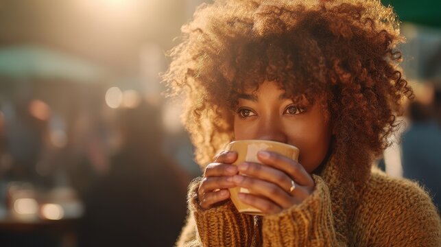 Beautiful Black woman with an afro hairstyle enjoying a warm cup of coffee in the morning sunlight wearing a cozy sweater - Powered by Adobe