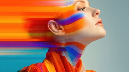 Abstract portrait of a beautiful woman with colorful paint streaks across her face creating a sense of motion and speed
