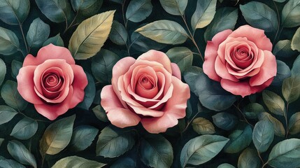 Vintage Roses Among Lush Leaves; Decorative Botanical Print