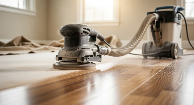 Orbital sander in motion across hardwood floor with dust extraction system attached highlighting clean and ecoconscious refinishing procedures during remodeling. - Powered by Adobe