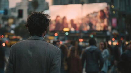 Fototapeta premium Anonymous man seen from behind wearing a jacket and looking out over a crowded urban street scene with a large illuminated billboard at dusk