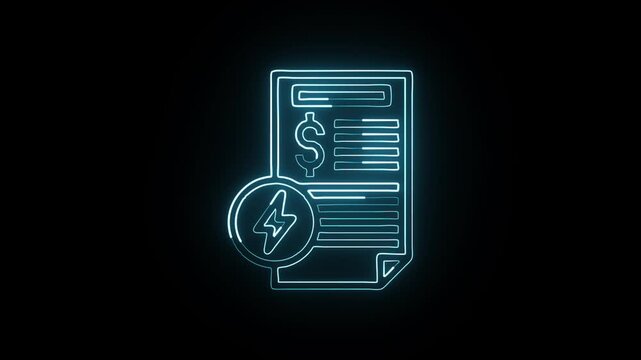 Glowing neon line electricity bill icon with animated electricity effect. Finance animation HD video isolated on black background.