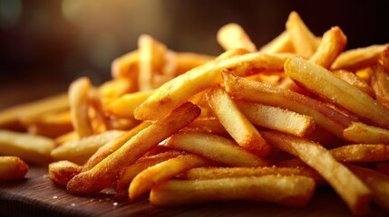 A delicious pile of crispy golden french fries sprinkled with salt served on a rustic wooden board with a warm, inviting light