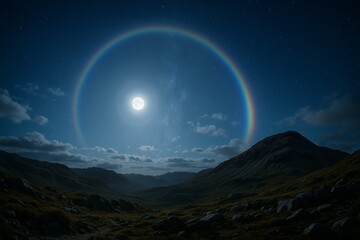 A spectacular full circle moonbow, or lunar rainbow, arching over a mountain valley under a starry night sky with a full moon.