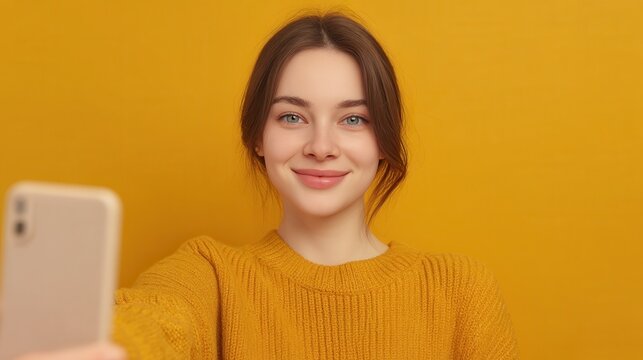 Young woman in a yellow sweater taking a selfie with a smartphone against a yellow background and smiling at the camera