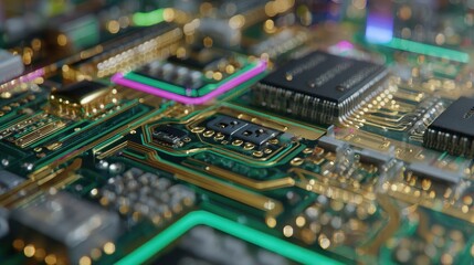 Macro view of a futuristic green circuit board with glowing microchips and golden electronic components on a motherboard