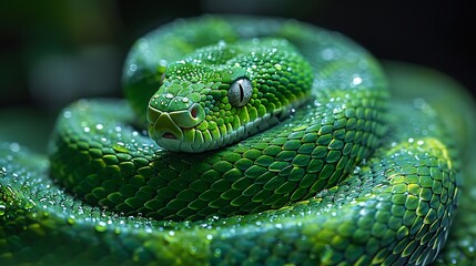 Obraz premium Beautiful Green Viper Snake Coiled Wet With Water Droplets Nature Wildlife