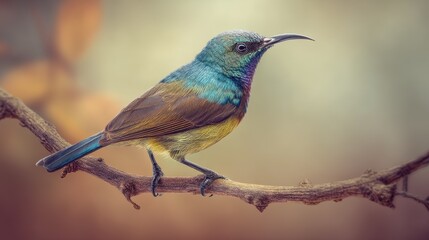 Fototapeta premium Detailed close-up of a vibrant Collared Sunbird with iridescent blue and green feathers perched on a rustic tree branch against a soft bokeh background