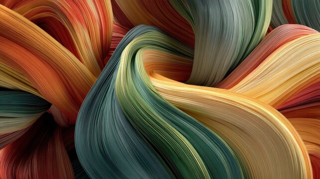 Dynamic abstract art with flowing colorful ribbons and interwoven threads in warm orange, green, and yellow hues forming a complex textured pattern