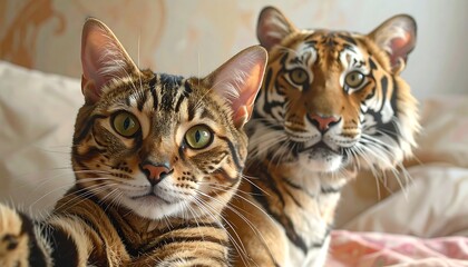 Two captivating felines, a Bengal cat and a tiger, are lovingly posed together, showcasing their striking patterns and expressive eyes.
