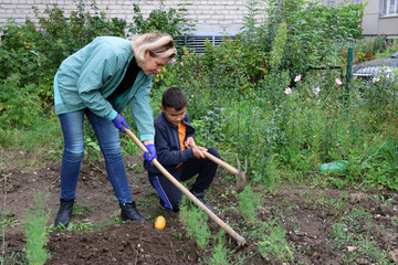 Woman in gloves helps boy use hoe in garden, working together loosening soil.