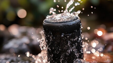 Water splashing on waterproof speaker outdoors