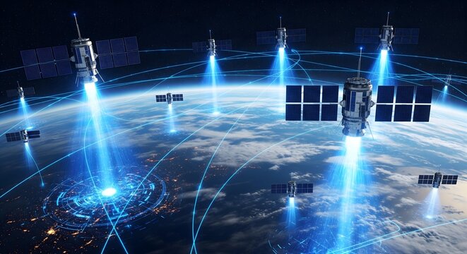 Futuristic quantum communication in space.