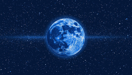 Obraz premium Digital artwork featuring a stylized, blue-tinted depiction of the moon set against a starry background.