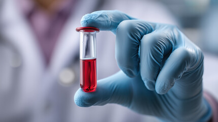 Doctor holding a test tube with red liquid in a laboratory setting during a clinical examination