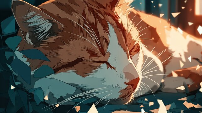 Sleeping cat with orange and white fur, blue foliage, and geometric shapes