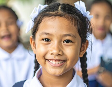 Smiling Asian schoolgirl with braids, genuine joy.
