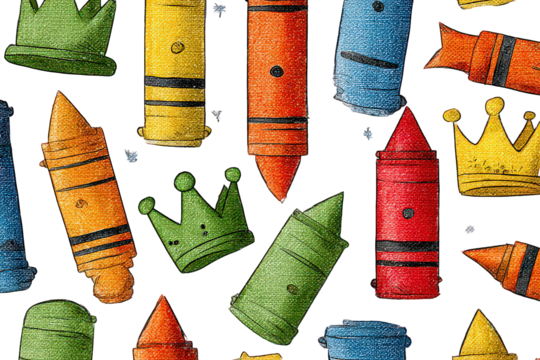 Colorful Crayon Pattern With Crowns On Black Background - Powered by Adobe