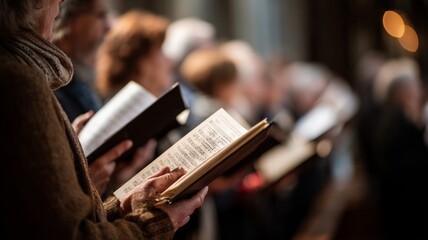 Choir group singing in soft church light. Neural network AI generated