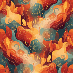 Abstract autumn pattern featuring swirling leaves and organic shapes in warm tones, patern seamless, Stock royalty.