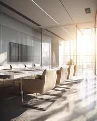 Sunlit modern boardroom interior with glass walls and minimalist furnishings