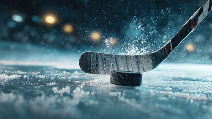 Hockey player about to take a powerful shot on ice during a competitive match at a sports arena
