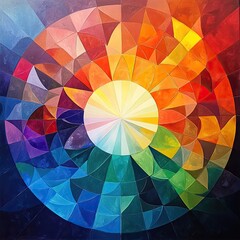 Fototapeta premium Abstract colorful geometric artwork with radial design, vibrant hues and segmented shapes creating a sunburst effect.