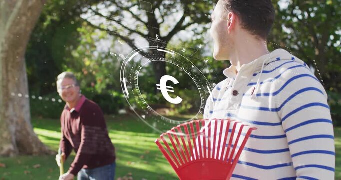 Father raking leaves in yard activating digital Euro overlay while son joining showing finance HUD