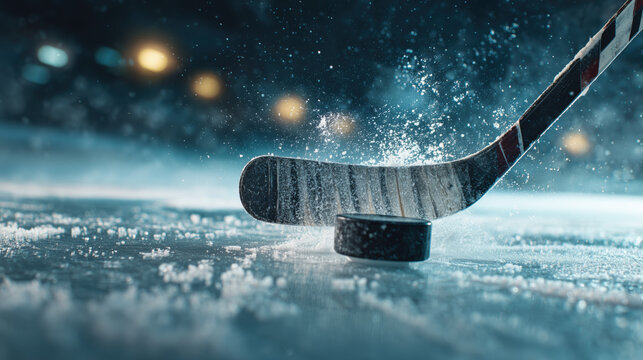 Hockey player about to take a powerful shot on ice during a competitive match at a sports arena