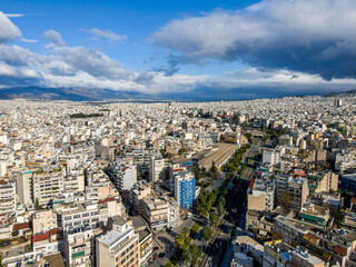 Aerial city landscape cloudy winter Mediterranean day in urban Kerameikos Athens Greece