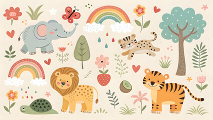 Adorable watercolor jungle animals rainbow tree flowers butterfly for kids nursery decor and greeting cards