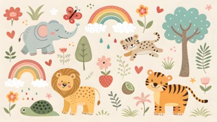 Ingelijste posters Bosdieren Adorable watercolor jungle animals rainbow tree flowers butterfly for kids nursery decor and greeting cards  © dotmagic
