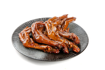 Marinated Duck Feet in Glossy Brown Sauce on Plate White Background Asian Cuisine Delicacy