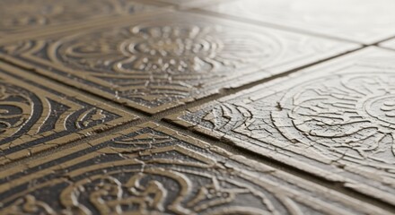Macro footage highlighting the texture and faded hues of worn vintage tiles before restoration begins emphasizing their ornamental designs.