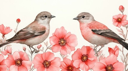 Watercolor birds and flowers, facing each other, romantic scene